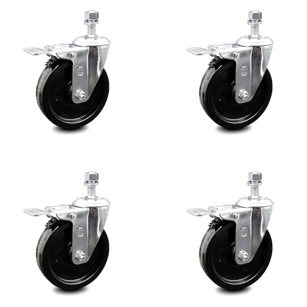 5 Inch Phenolic Swivel 12mm Threaded Stem Caster Set with Total Lock Brake